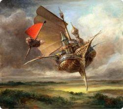 A flying ship takes to the air in this fantasy illustration by Omar Rayyan