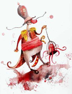 A jolly red nosed general holds an octopus in a cage in this childrens book illustration by Daniel Montero Galan