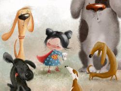 A little girl and her kitten are surrounded by curious dogs in this cute illustration by Susan Batori