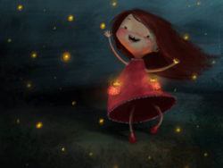 A little girl in a red dress dances with fireflies in this cute illustration by Susan Batori