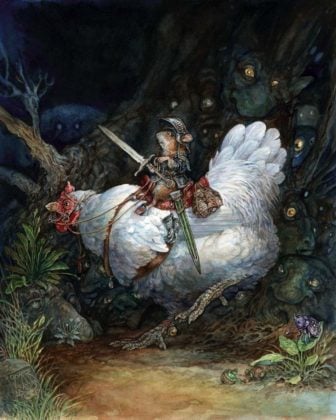 A mouse rides a chicken through a haunted forest in this illustration by Omar Rayyan