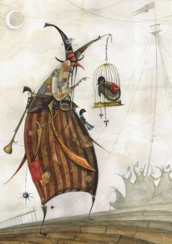 A nasty pirate witch holds a child in a cage in this childrens book illustration by Daniel Montero Galan