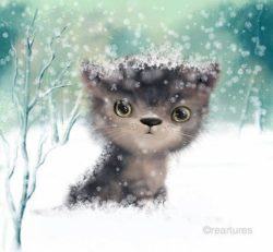 A sweet little kitten sits in the snow in this innocent illustration by Susan Batori