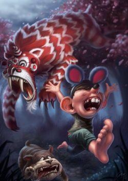 A vicious beastie chases a boy with mouse ears in this funny Photoshop painting by Jia Xing Yap