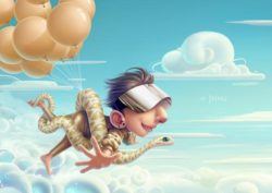 A woman flies with help from a snake and helium balloons in this funny Photoshop painting by Jia Xing Yap