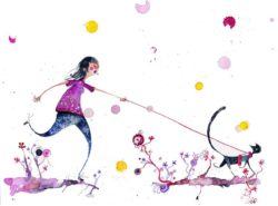 A woman walks her cat in this funny childrens book illustration by Daniel Montero Galan