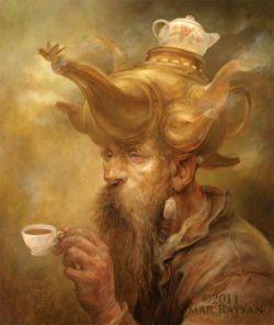 Artist Omar Rayyan gives the Mad Hatter a teapot hat in this illustration for Alice in Wonderland
