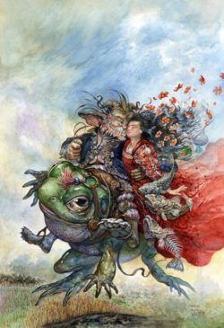 Beauty and the Beast ride on a toad in this stuning childrens book illustration by Omar Rayyan
