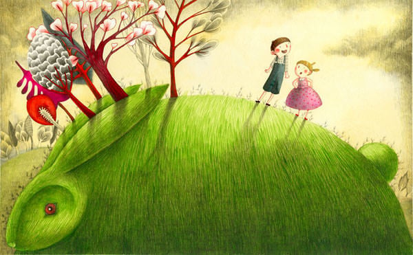 Jack and Jill went up the hill to stand on top of the green rabbit in this illustration by Marion Arbona