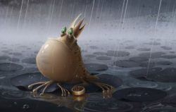 The frog prince admires his golden ring in the rain in this funny Photoshop painting by Jia Xing Yap