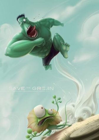 The increible hulk chases a frilled lizard in this funny Photoshop painting by Jia Xing Yap