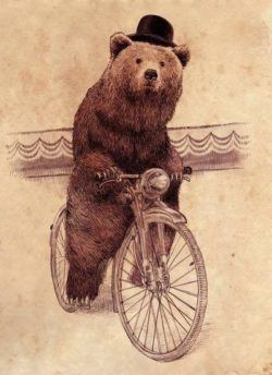 A bear wearing a hat rides a bicycle in this antique styled illustration by Eric Fan