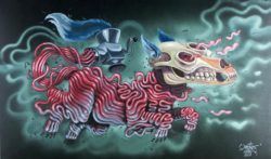 A dog is formed from mince meat in this macabre cartoon illustration by graffiti artist Nychos