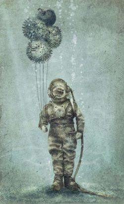 A man in an antique diving suit holds puffer fish as balloons in this quirky steampunk illustration by Eric Fan