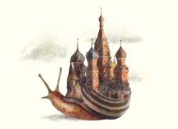 A snail carries the Kremlin as its shell in this surrealist and antique style illustration by Eric Fan
