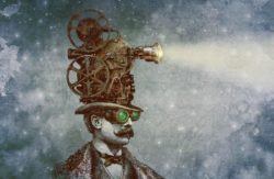 A steampunk man wears a film projector as a hat in this antique style illustration by Eric Fan