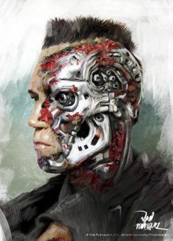Arnold Schwarzenegger and the Terminator come alive in this photoshop fan art painting by Vlad Rodriguez