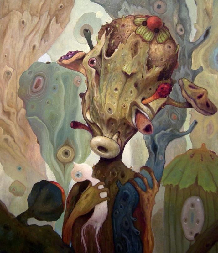 Biology, surrealism and imaginative shapes come together in this weird but incredible painting by Mexican artist Dhear One