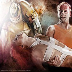 Bruce Willis carries Milla Jovovich in this Photoshop fan art painting of The Fifth Element by Vlad Rodriguez
