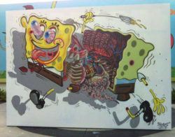 Famous cartoon character SpongeBob SquarePants is dissected in this funny and macabre illustration by Nychos
