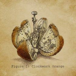 This antique style illustration by Eric Fan shows a humorous take on the cult film A Clockwork Orange