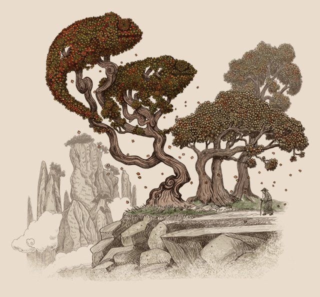 Twisted trees reveal the shapes of chameleons in this antique style illustration by Eric Fan