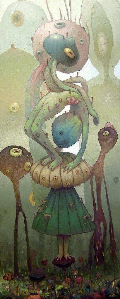 Unusual and somehow endearing, this illustrations by Dhear One shows two humanoid aliens in a surreal landscape
