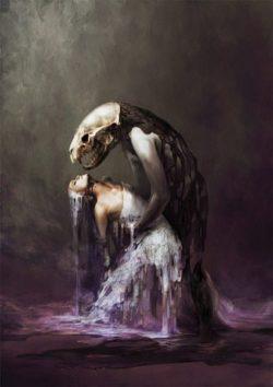 A beautiful woman faints in the embrace of a skull headed man in this dark surrealist painting by Ryohei Hase