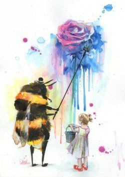 A bee paints a rose for a little girl in this splatter watercolor painting by Lora Zombie