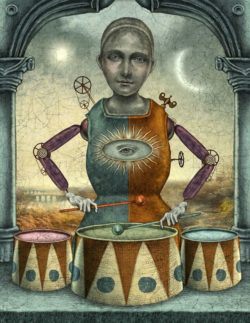 A clockwork drummer comes to life in this antiquated fairy tale illustration by Julian de Narvaez