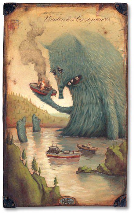 A cute monster by Matteo Dineen expresses human emotion in this pop surrealist painting on an old suitcase
