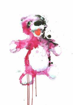 A cute pink teddy has a dark side in this splatter watercolor painting by Lora Zombie