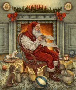 A fatherly Santa Claus sits and reads a child's letter in this antiqued Christmas illustration by Julian de Narvaez
