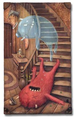A fluffy monster gives up the ghost in this pop surrealist painting on a found object by Matteo Dineen
