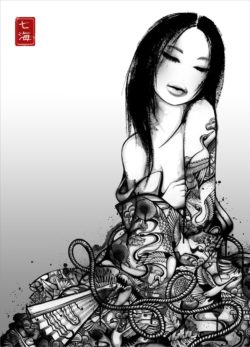 A geisha sits in a robe that comes to life in this black and white, highly detailed illustration by Nanami Cowdroy