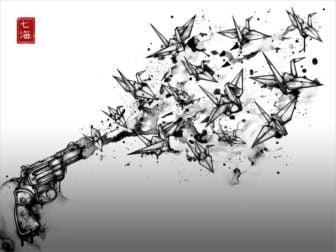 A gun shoots origami birds into the air in this powerful illustration by Nanami Cowdroy