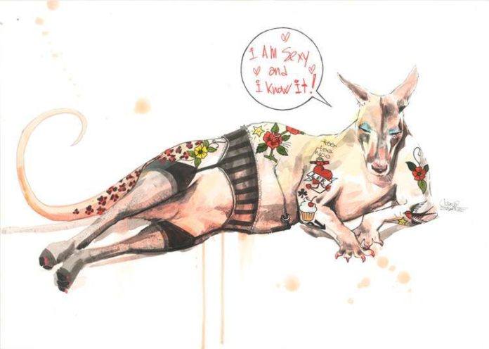 A kangaroo with tattoos and lingerie is sexy and knows it in this watercolor painting by Lora Zombie