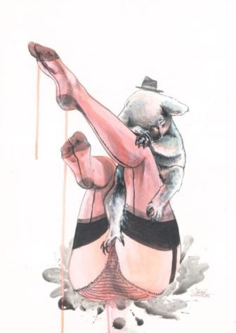 A koala bear poses with a woman in lingerie in this risque watercolor painting by Lora Zombie