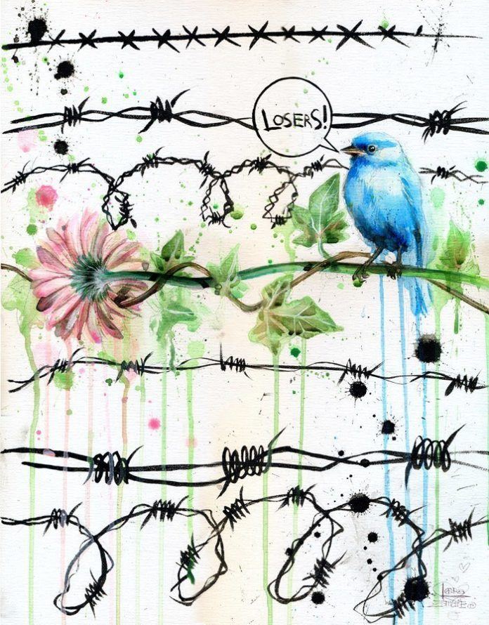 A little bird sits on a flower stem between barbed wire in this watercolor painting by Lora Zombie called Losers