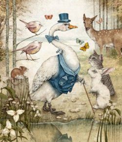 A personified goose struts his stuff for the animals of the forest in this childrens book illustration by Julian de Narvaez