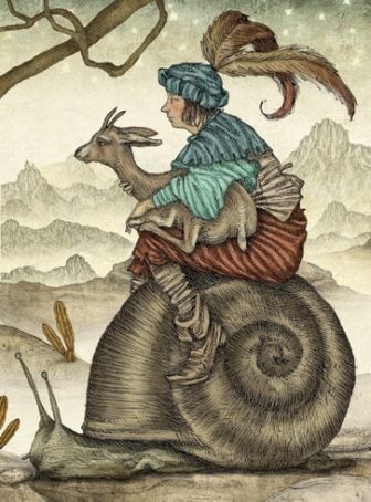 A squire and a goat ride a giant snail in this fairy tale book illustration by Julian de Narvaez