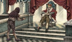 A tired old king watches a peasant talking in this childrens book illustration by Julian de Narvaez