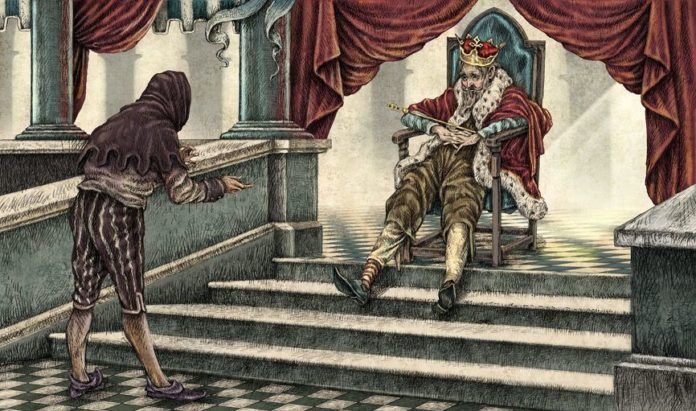 A tired old king watches a peasant talking in this childrens book illustration by Julian de Narvaez
