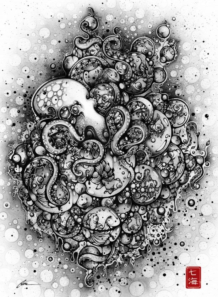 An octopus clutches bubbles that house goldfish in this creative nature illustration by Nanami Cowdroy