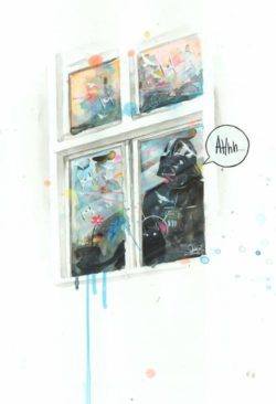 Batman and a black cat watch a space invasion from the safety of a window in this funny watercolro painting by Lora Zombie