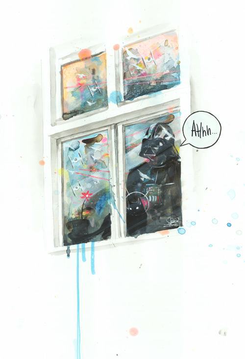 Batman and a black cat watch a space invasion from the safety of a window in this funny watercolro painting by Lora Zombie