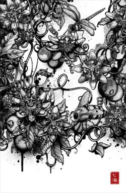Insects visit passion flowers in this intricate and beautiful illustration by Nanami Cowdroy