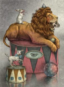 Magic and mysticism are portrayed in this illustration of a lion, a lamb and a rabbit by Julian de Narvaez