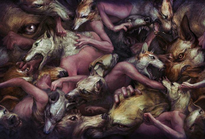 Man and beast fight and become one in this tormented surrealist painting by Ryohei Hase