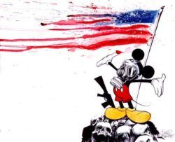 Mickey mouse wears a gas mask while the American flag dissolves in this punk watercolor painting by Lora Zombie